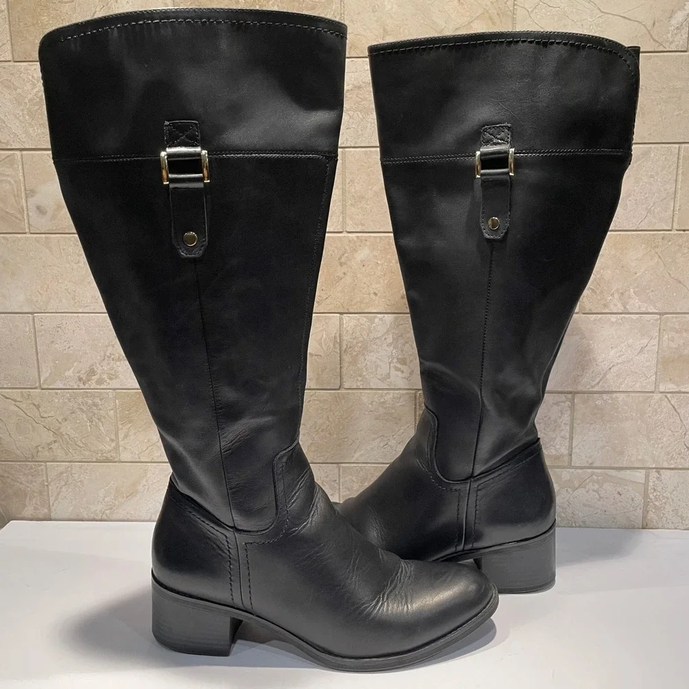 Franco Sarto Lizbeth Black Leather Wide Calf Riding Boots Womens 9.5M WC - Picture 1 of 9